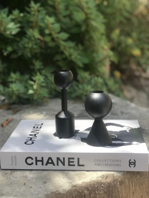 Set of 2 Black Wooden Candle Holders